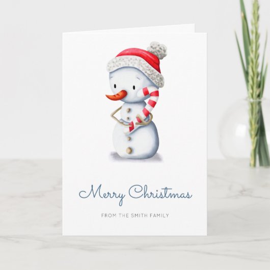 Winter Snowman Candy Cane Merry Christmas シーズンカード (正面)