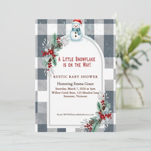 Winter Snowman Plaid Baby Shower Invitation 招待状 (スタンド正面)