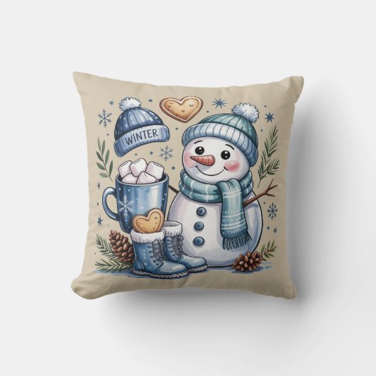 Winter Snowman Throw Pillow クッション (正面)