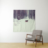 Winter snowy pine forest, dog walking in the fores タペストリー (インサイチュ)