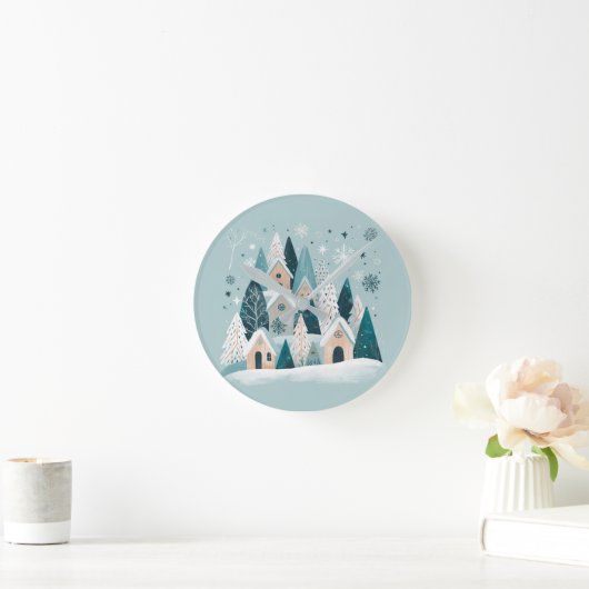 Winter Snowy Village ラウンド壁時計 (ホーム)
