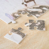 Winter snowy village, children playing, pink hues ジグソーパズル (側面)