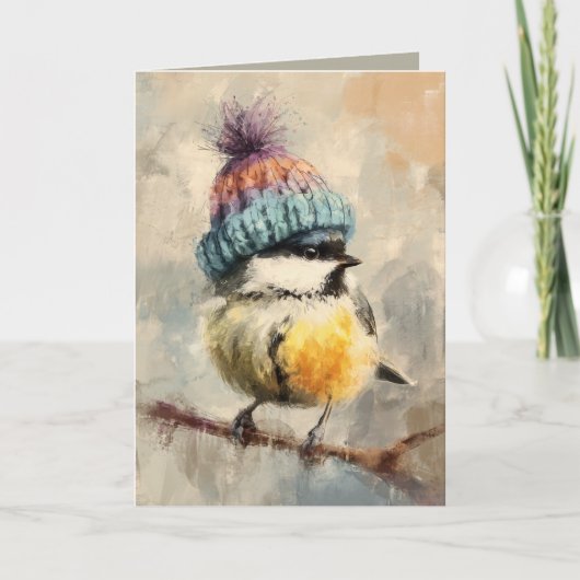 Winter Songbird in Knit Hat/Heather Grey Greeting カード (正面)