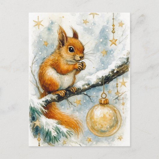 Winter Squirrel Golden Ornament Christmas Postcard シーズンポストカード (正面)