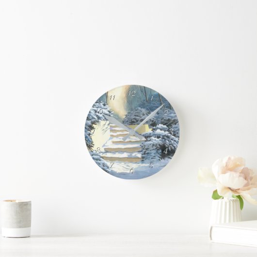 Winter Stairs Covered in snow Round Clock ラウンド壁時計 (ホーム)