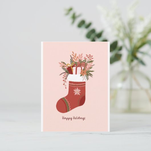 Winter Stocking with gift boxes, flower Christmas ポストカード (スタンド正面)