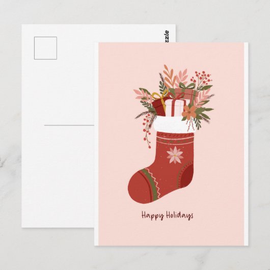 Winter Stocking with gift boxes, flower Christmas ポストカード (正面/裏面)