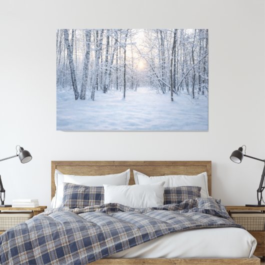 Winter Sunlight in Quiet Birch Forest キャンバスプリント (インサイチュ (寝室))