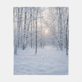 Winter Sunlight in Quiet Birch Forest フリースブランケット