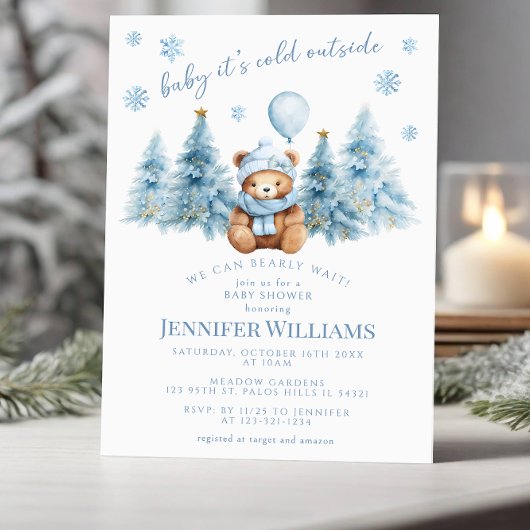 Winter Teddy Bear Pine Snowflakes Baby Girl Shower 招待状