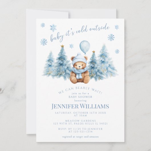 Winter Teddy Bear Pine Trees Baby Boy Shower 招待状 (正面)