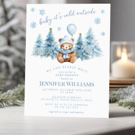 Winter Teddy Bear Pine Trees Baby Boy Shower 招待状