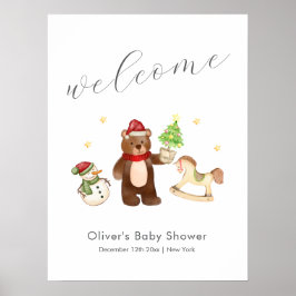 Winter Teddy Bear Snowman Baby Shower Welcome ポスター
