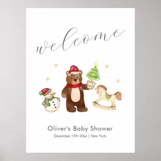 Winter Teddy Bear Snowman Baby Shower Welcome ポスター (正面)