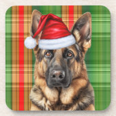 Winter Themed German Shepherd Dog Holiday Plaid コースター (正面)
