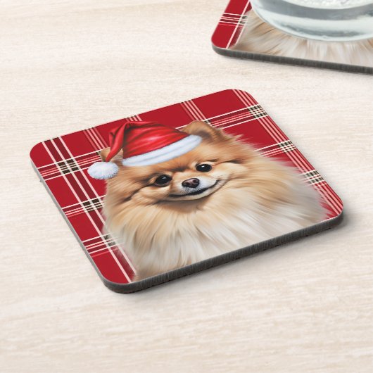 Winter Themed Pomeranian Dog Holiday Plaid コースター (左側)