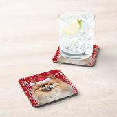 Winter Themed Pomeranian Dog Holiday Plaid コースター (右側)
