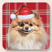 Winter Themed Pomeranian Dog Holiday Plaid コースター (正面)