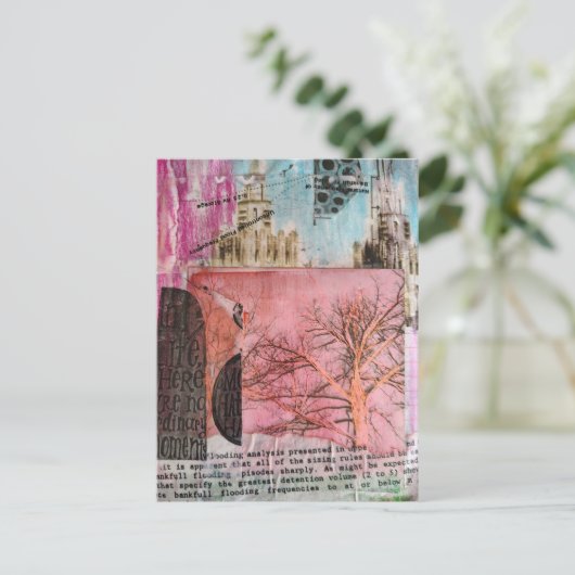 Winter Tree and Buildings Mixed Media Collage ポストカード (スタンド正面)