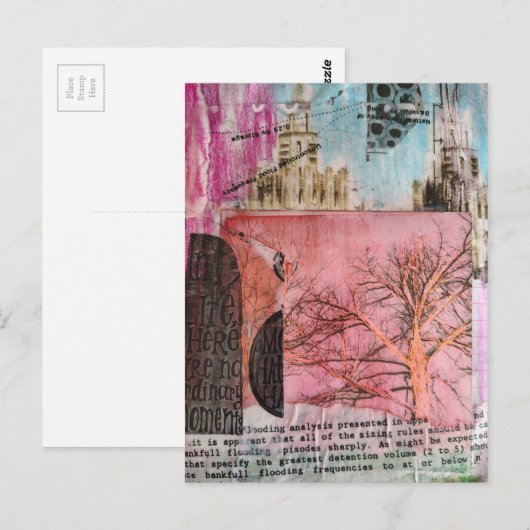 Winter Tree and Buildings Mixed Media Collage ポストカード (正面/裏面)