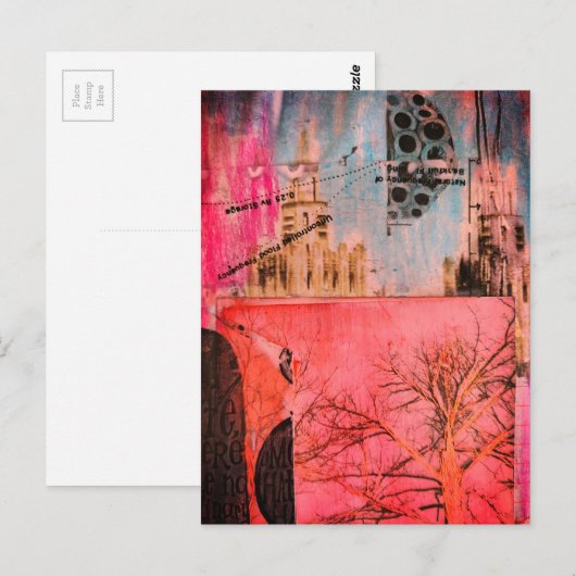 Winter Tree and Buildings Mixed Media Collage ポストカード (正面/裏面)