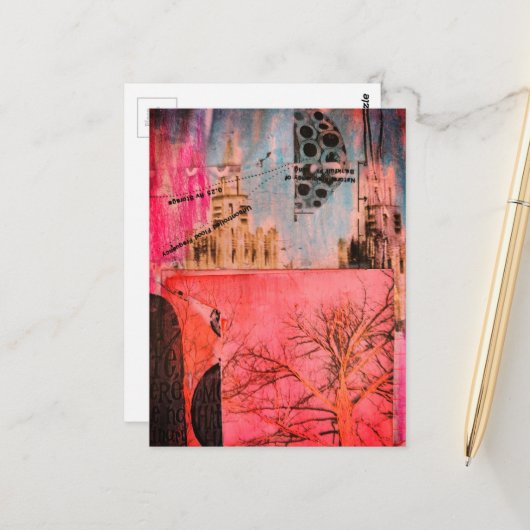 Winter Tree and Buildings Mixed Media Collage ポストカード (正面/裏面インサイチュ)