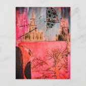 Winter Tree and Buildings Mixed Media Collage ポストカード (正面)