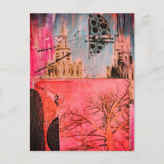 Winter Tree and Buildings Mixed Media Collage ポストカード (正面)