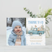 Winter Truck Woodland Animals Birthday Photo サンキューカード (スタンド正面)