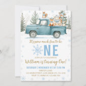 Winter Truck Woodland Onederland 1st Birthday 招待状 (正面)