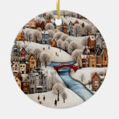 Winter Village Scene Cozy Snowy Town  セラミックオーナメント (裏面)