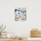 Winter Village with Frosted Trees and Snowy Hills ポスター (キッチン)