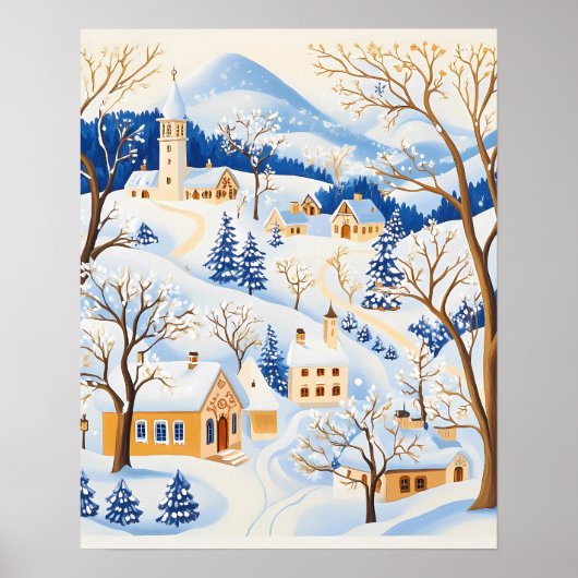 Winter Village with Frosted Trees and Snowy Hills ポスター (正面)