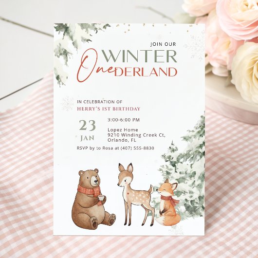 Winter Watercolor Animal Onederland First Birthday 招待状