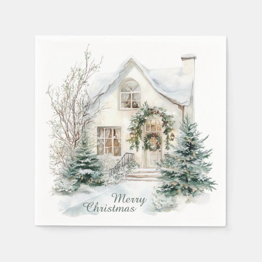 Winter Watercolor Holiday House Christmas スタンダードカクテルナプキン (正面)