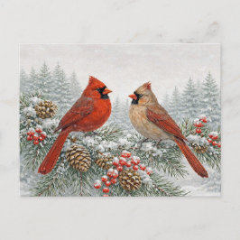Winter Watercolor Red Cardinal Pair on Snowy Pine シーズンポストカード