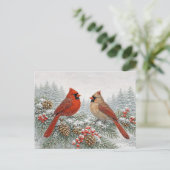 Winter Watercolor Red Cardinal Pair on Snowy Pine シーズンポストカード (スタンド正面)