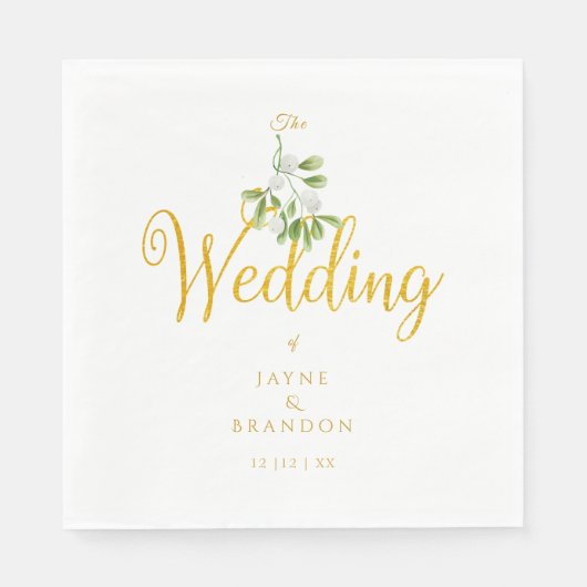 Winter Wedding Elegant Gold Script Mistletoe スタンダードランチョンナプキン (正面)