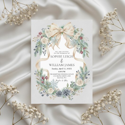 Winter Wedding Invitation with Cream Bow and Flora 招待状