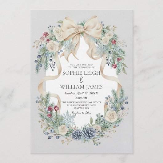 Winter Wedding Invitation with Cream Bow and Flora 招待状 (正面)