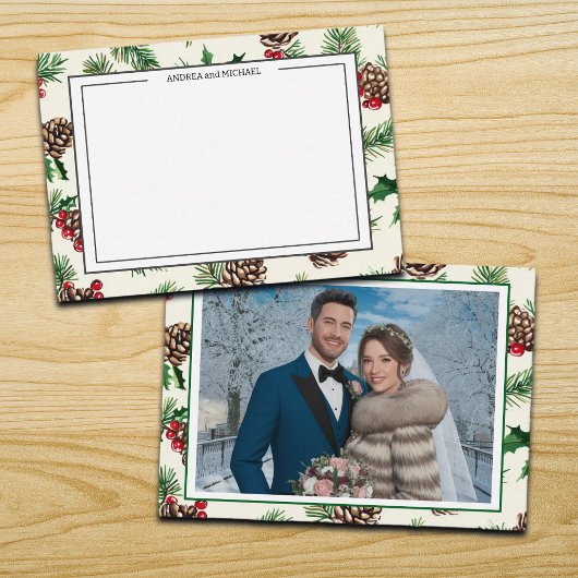 Winter Wedding Pine Cones Photo Thank You Card ノートカード