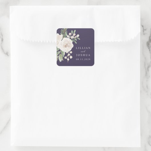 Winter White Botanical Purple Wedding スクエアシール (バッグ)