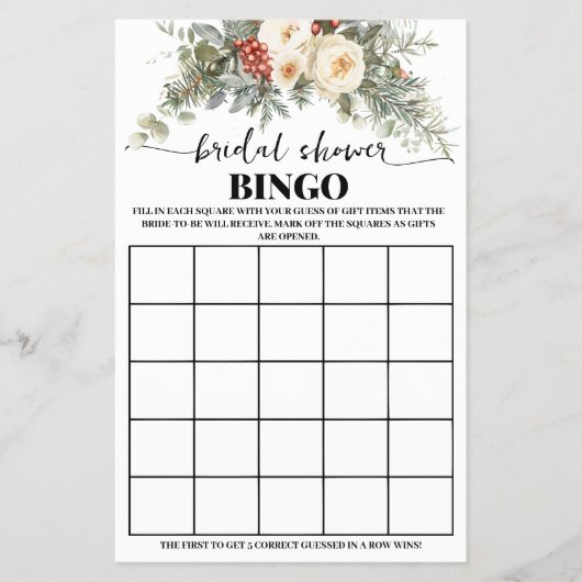 Winter White Floral Bridal Shower Bingo Game Card チラシ (正面)