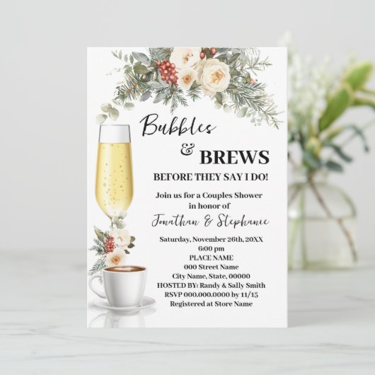 Winter White Floral Bubbles & Brews Coffee Shower 招待状 (スタンド正面)