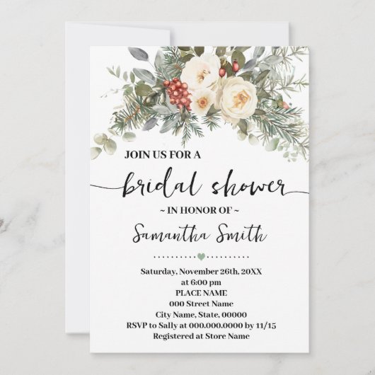 Winter White Flowers Bridal Shower 招待状 (正面)