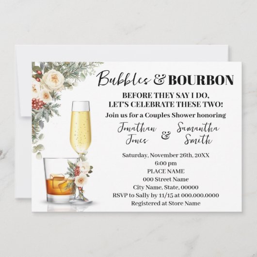 Winter White Flowers Bubbles & Bourbon Shower 招待状 (正面)