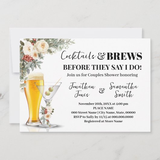 Winter White Flowers Cocktails & Brews Shower 招待状 (正面)
