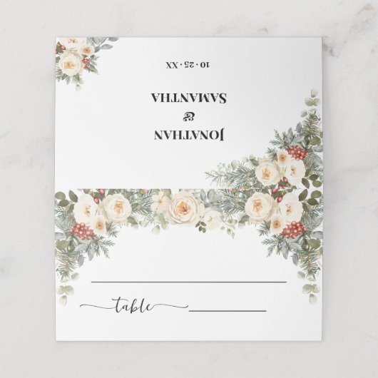 Winter White Flowers Wedding Seating Folded プレイスカード (外部開封)