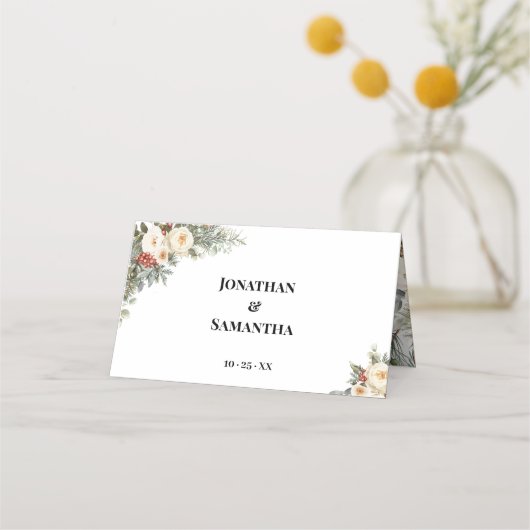 Winter White Flowers Wedding Seating Folded プレイスカード (裏面)