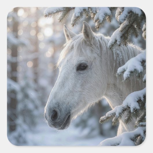 Winter White Horse In Snowy Pine Tree スクエアシール (正面)